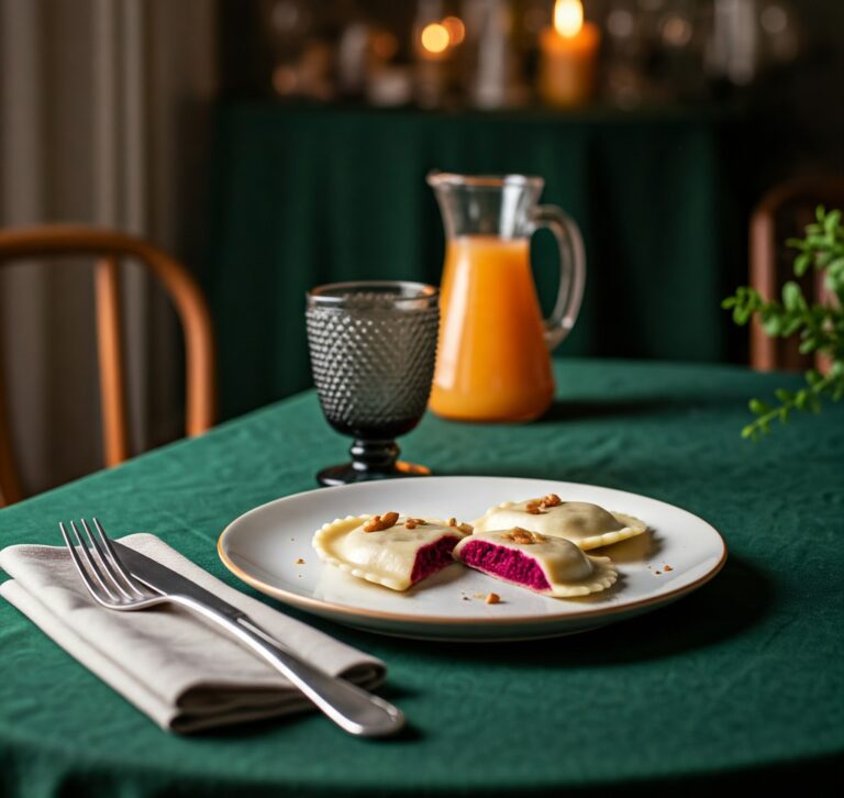 Ravioli con pesto di barbabietole e noci